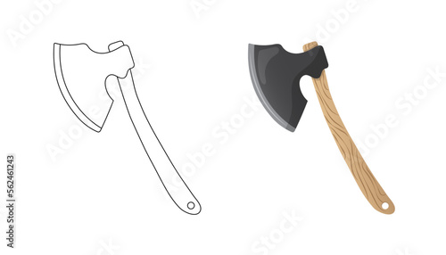 Wooden camping axe. Coloring page for children. Fire axe. Vector illustration. Kids coloring book for elementary school. Black and white illustration.