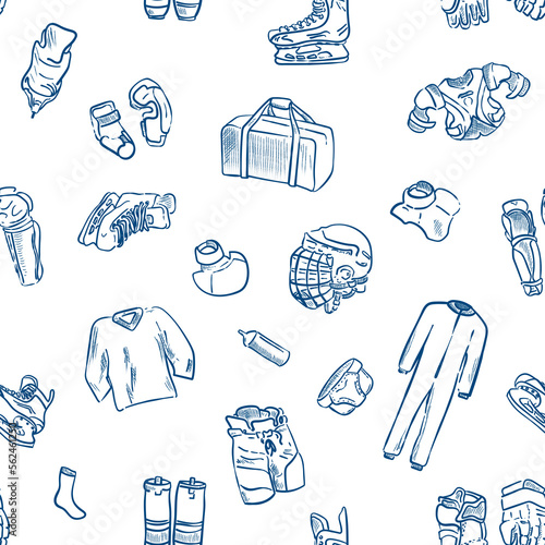 Hockey pattern. Helmet, sports bag, gloves, shin pads, elbow pads, skates, shoulder pads, shorts, jock, neck guard. Line art on a white background. Ice hockey equipment.