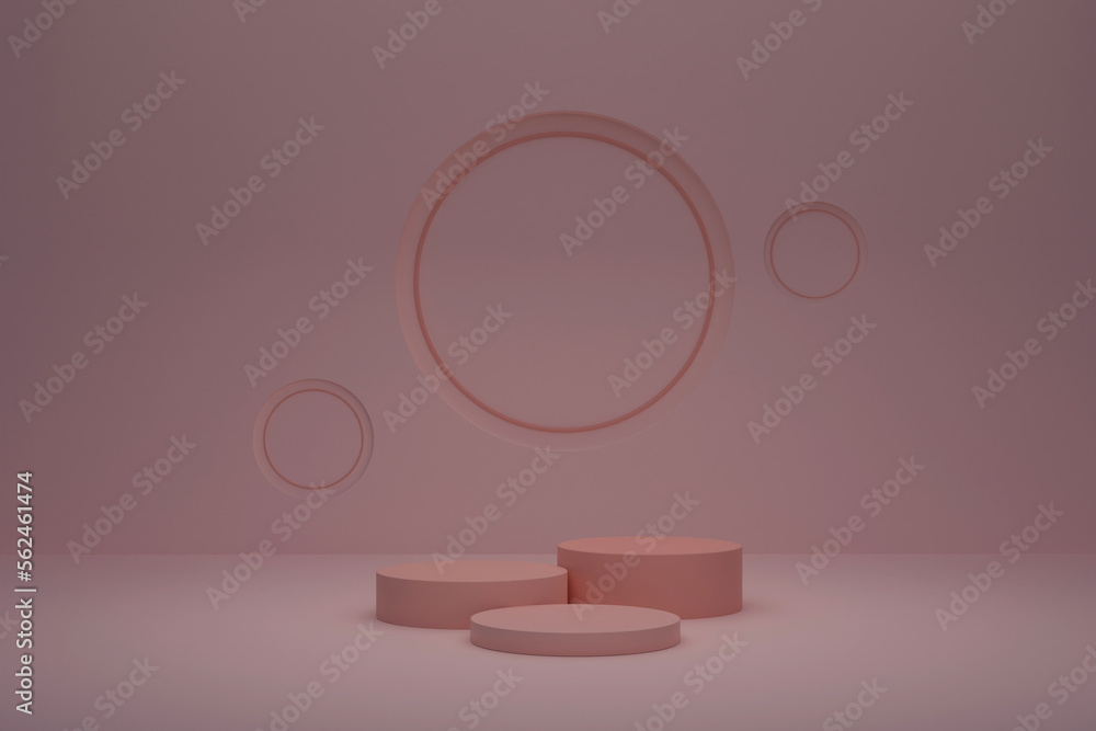 Abstract background, mock up scene with beige cylinder podiums on beige background with circles in the wall. 3d rendering.