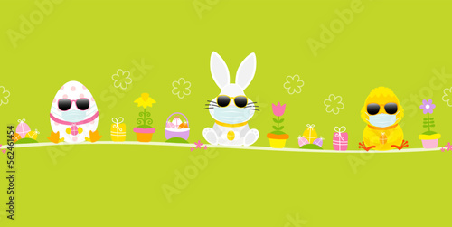Osterei, Weißer Osterhase & Küken Maske Sonnenbrille Icons Banner Grün