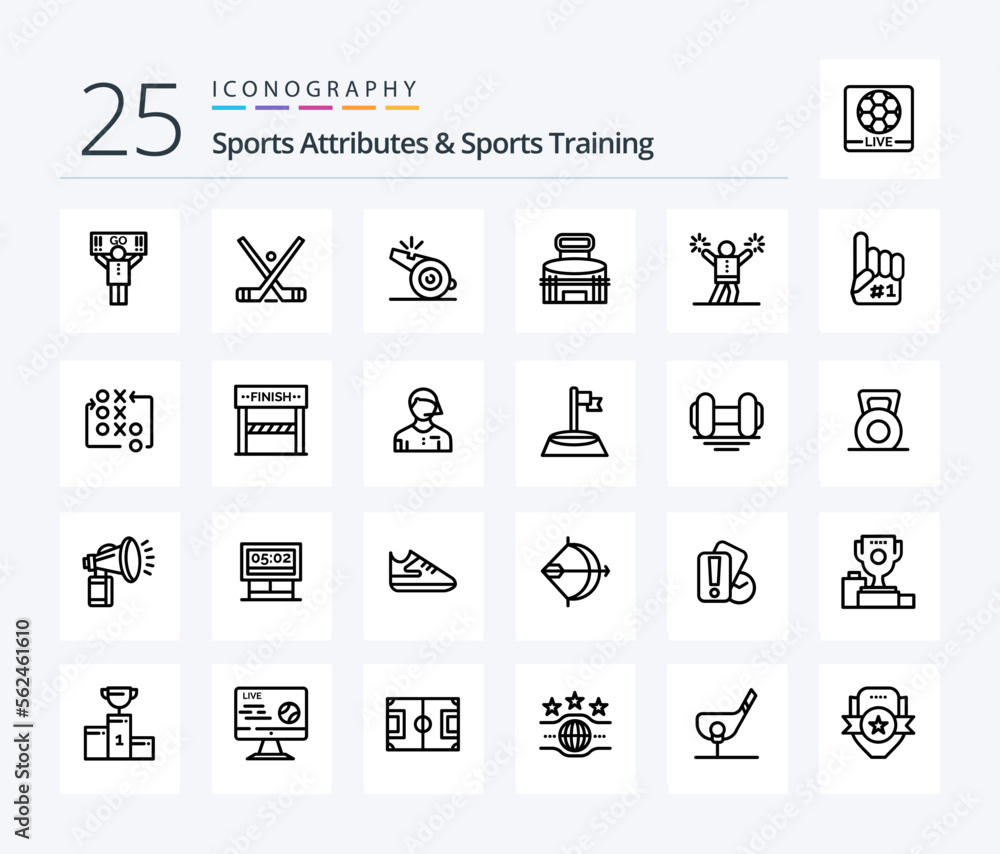 Sports Atributes And Sports Training 25 Line icon pack including stadium. game. sticks. exterior. whistle