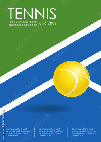 Tennis championship and tournament poster. Blue tennis court. Illustration for sports competition, championship. Ball on line. Tennis court and ball. Sports equipment. Vertical illustration for cover