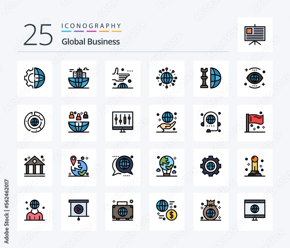 Global Business 25 Line Filled icon pack including world. global. global. international. global