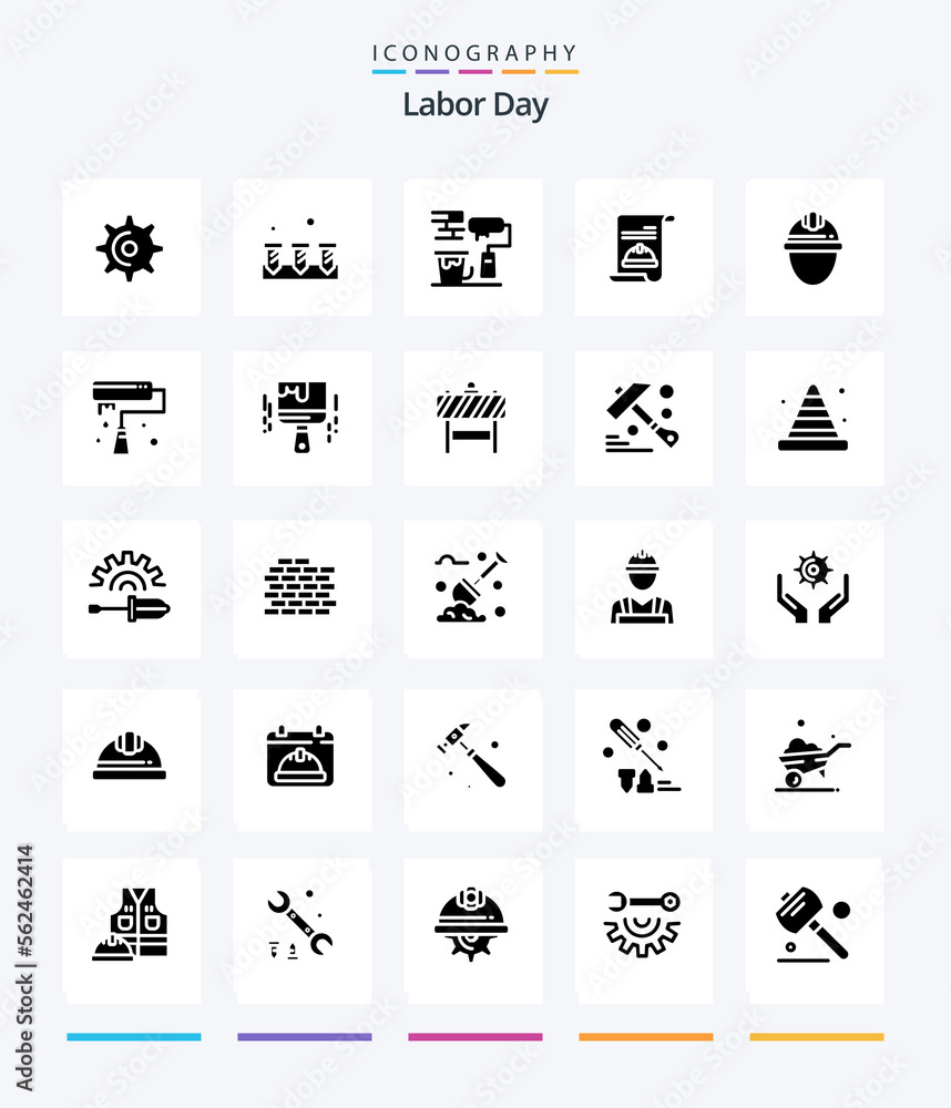 Creative Labor Day 25 Glyph Solid Black icon pack  Such As card.. equipment. brush. roller