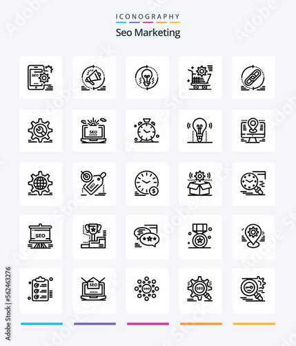 Creative Seo Marketing 25 OutLine icon pack Such As setting. cart. announcement. refresh. light