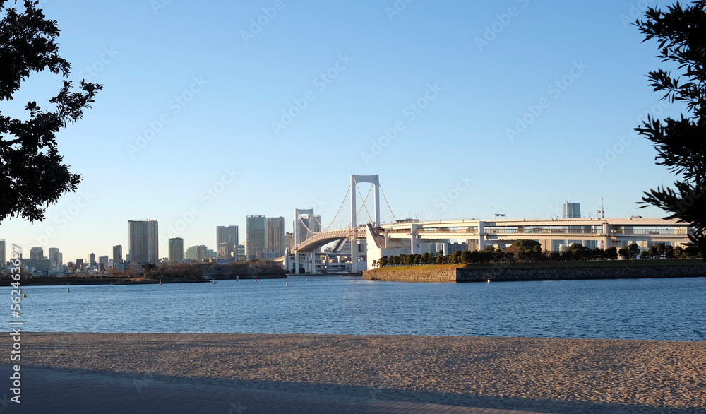 Rainbow Bridge going over Tokyo Bay in Tokyo, Japan