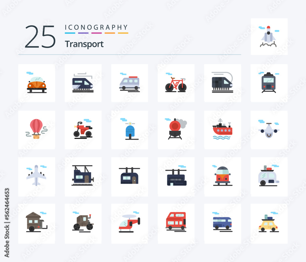 Transport 25 Flat Color icon pack including hot. air. van. transportation. train