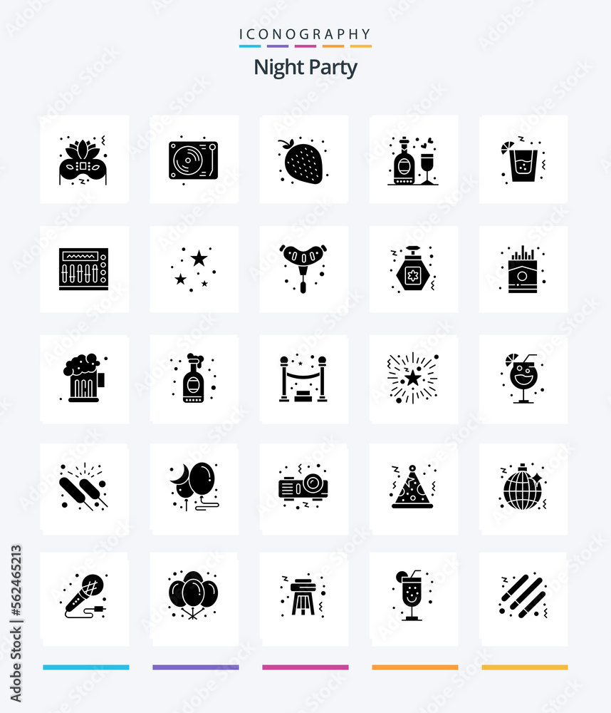 Creative Night Party 25 Glyph Solid Black icon pack  Such As party. drink. strawberry. wine. disco