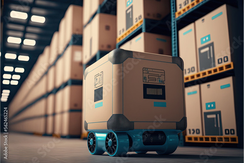 Future Technology. Automated robot delivers an order box in smart automated warehouse. Generative AI