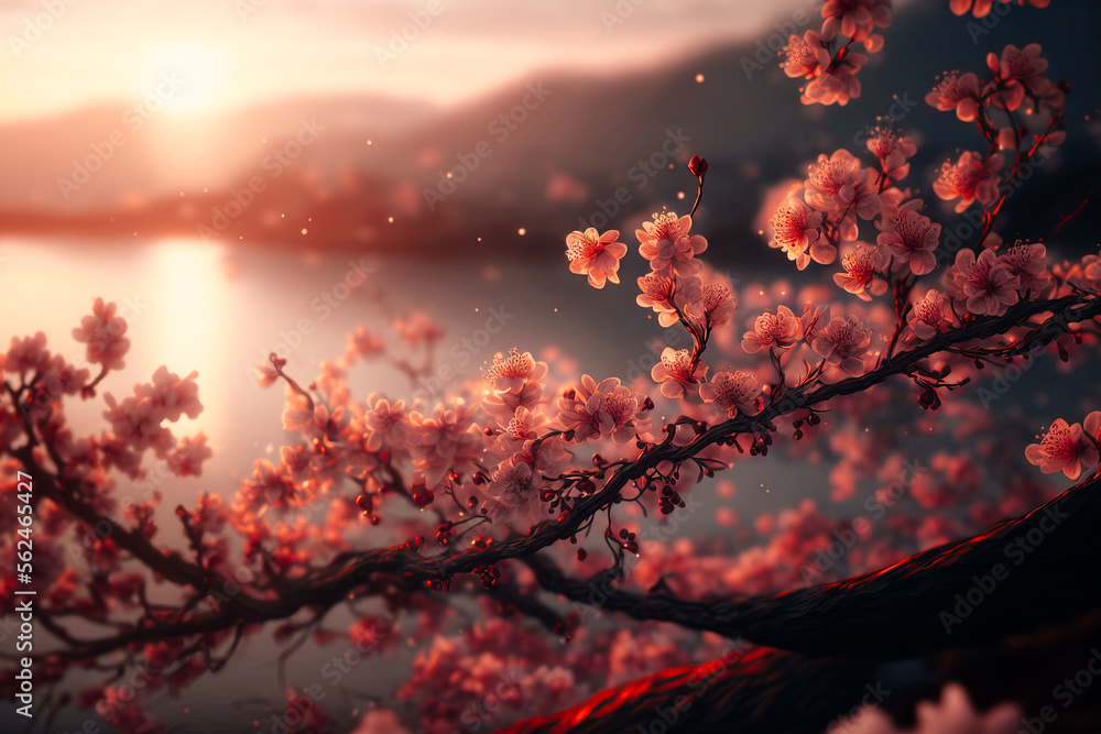 The soft pink petals of cherry blossoms contrast against the warm sunrise. Generative AI The soft pink petals of cherry blossoms contrast against the warm sunrise. Generative AI