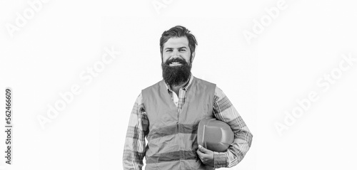Builder in hard hat, foreman or repairman in the helmet. Worker in construction uniform. Man builders, industry. Black and white