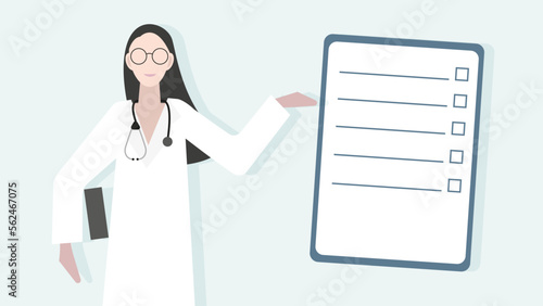 The doctor, a woman with glasses and a stethoscope, points to the list. The concept of medical tests, appointments, diagnostics. Flat vector illustration