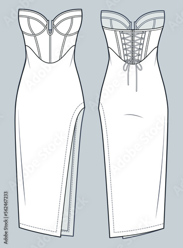 Women Bustier Dress technical fashion illustration. Corset strapless midi Dress fashion flat technical drawing template, side slit, lace-up, front and back view, white, CAD mockup.