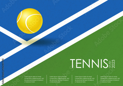 Tennis championship or tournament poster with ball on blue court. Horizontal template for sport competition, tennis championship. Ball on Line. Sports equipment. Modern illustration for card, cover