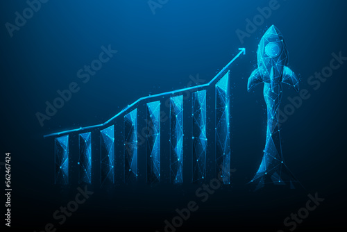 rocket and stock trading graph market increase digital technology. business finance investment graph growth. forex trading economy trends. vector illustration low poly wireframe design.