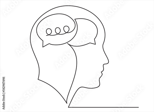 Continuous line drawing of  head of a man with  speech bubble is drawn by a single black line on a white background. Continuous line drawing. Vector illustration.