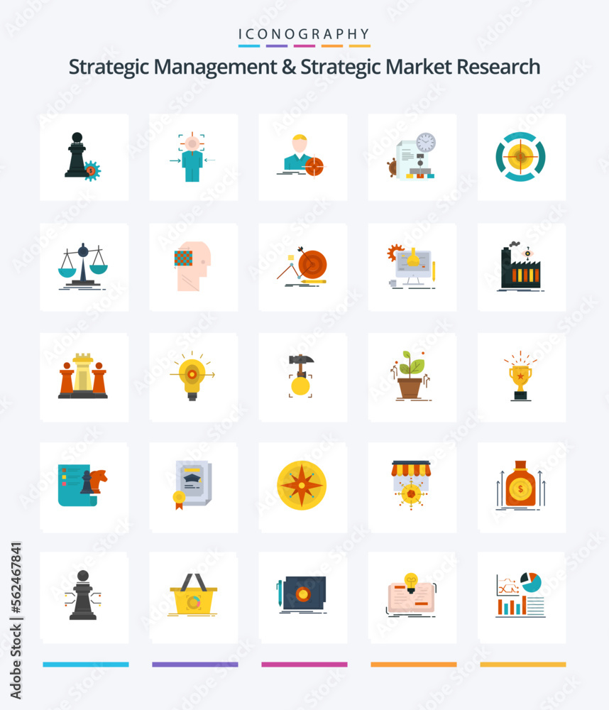 Creative Strategic Management And Strategic Market Research 25 Flat icon pack  Such As dart. report. goal. file. goal