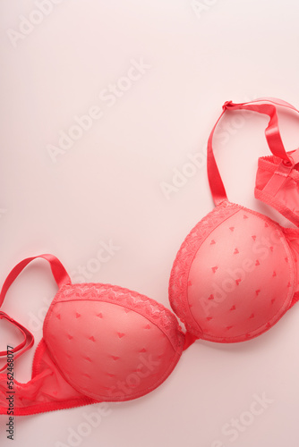 Red sexy bra and panties on pink background. Women sexy underwear set with roses and perfume. Gift Idea for Womens Day or Valentines day with copy space. Surprise for men or for him. Top view.