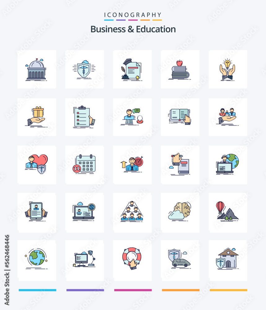 Creative Business And Education 25 Line FIlled icon pack  Such As student. back to school. protection. agreement. education