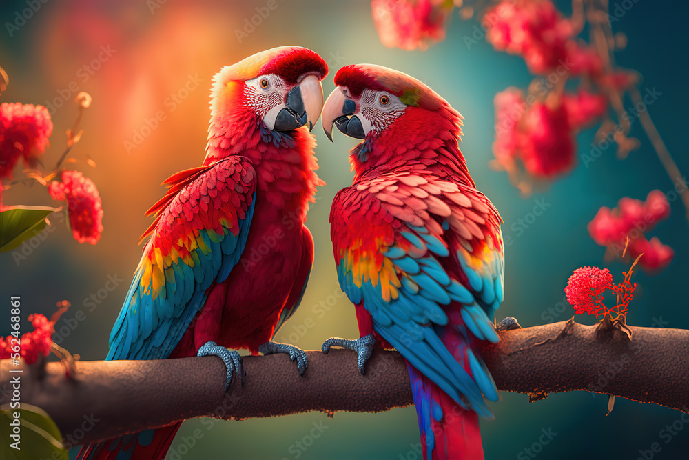 Valentine's Day Harmony - A Photographic Journey of Two Red-Blue Parrots Kissing Beneath Cherry Blossoms.