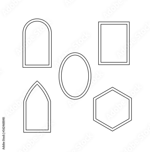 Vector isolated five geometric shapes frames set thin fine two lines style  colorless black and white contour line easy drawing