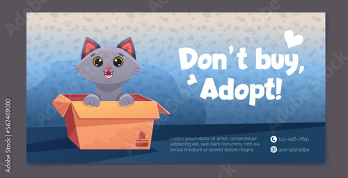 Social media poster design with pet adoption promotion. Adopt me banner with cute dogs, funny cats, paw print patterns. Vector cartoon template for flyer design, web page, posters.