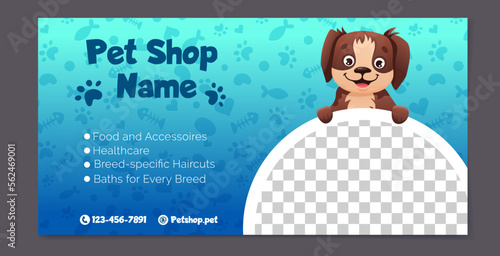 Banner template for pet shop, dog grooming and sale promotion. Cute and modern design with dogs, cat and paw print patterns. Vector cartoon illustration for flyers, web pages.