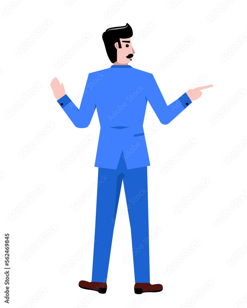 Back view. Businessman in blue suit standing, showing different ways isolated over white background. Concept of business, career, innovations Back view. Businessman in blue suit standing, showing different ways isolated over white background. Concept of business, career, innovations