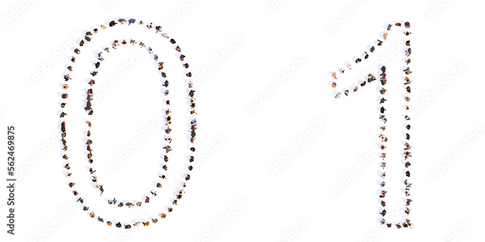 Concept or conceptual large community of people forming the fonts 0 and 1. 3d illustration metaphor for unity and diversity, humanitarian, teamwork, cooperation, education, friendship and community Concept or conceptual large community of people forming the fonts 0 and 1. 3d illustration metaphor for unity and diversity, humanitarian, teamwork, cooperation, education, friendship and community