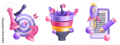 3D funnel research business icon set, vector project strategy pyramid, marketing startup invest. Finance information target process, goal board, launch rocket, pencil. 3d funnel analysis concept
