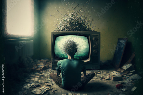 Child addicted to Tv and gadgets. Generative Ai.	
 photo