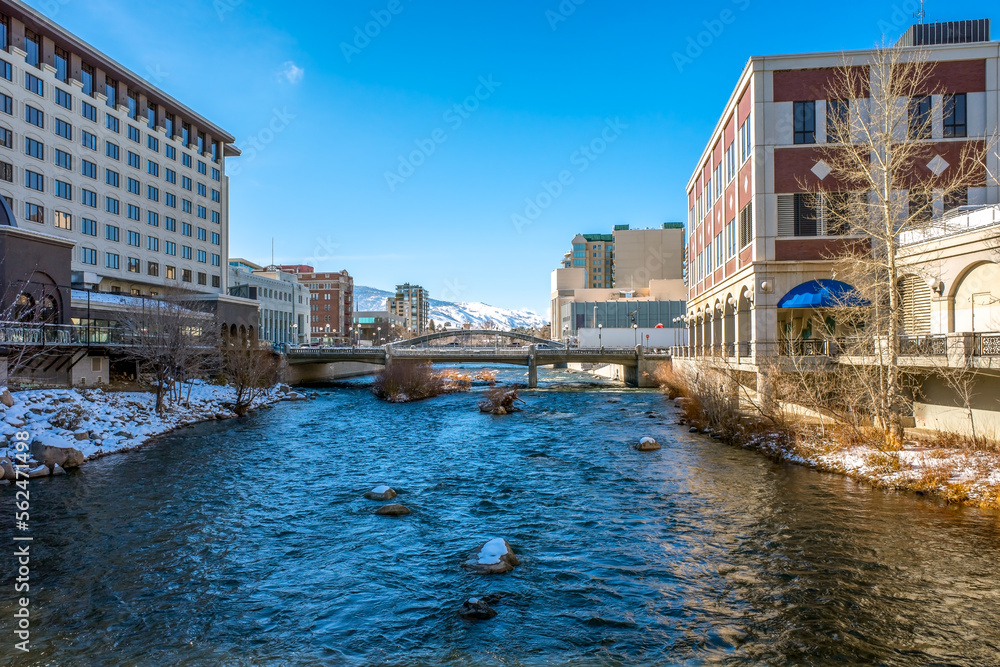 Truckee River in downtown Reno at the Virginia Street bridge during winter.