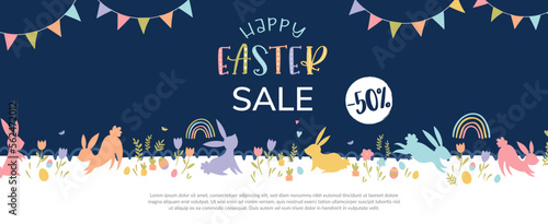 Cute hand drawn Easter sales design with bunnies, flowers, easter eggs, beautiful background, great for Easter advertising, banners, wallpapers - vector design
