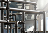 Pipes inside chemical plant. Pipeline for processing of chemical products. Steel pipes inside factory. Equipment for chemical industry. Gray pipes in blurred room. Oil and gas production. 3d image.