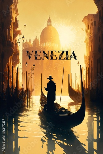 beautiful illustrative poster of the city of venice with a gondula in focus photo