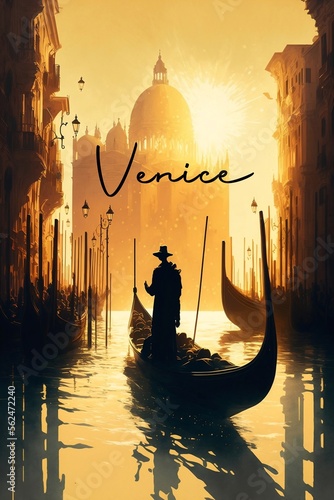 beautiful illustrative poster of the city of venice with a gondula in focus