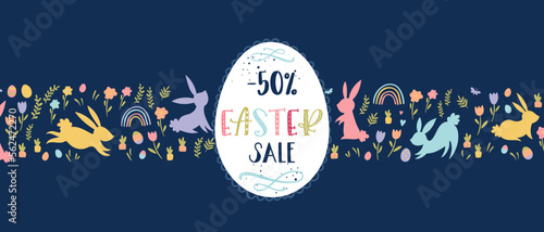 Cute hand drawn Easter sales design with bunnies, flowers, easter eggs, beautiful background, great for Easter advertising, banners, wallpapers - vector design