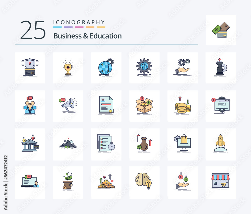 Business And Education 25 Line Filled icon pack including idea. solution. win. gear. globe