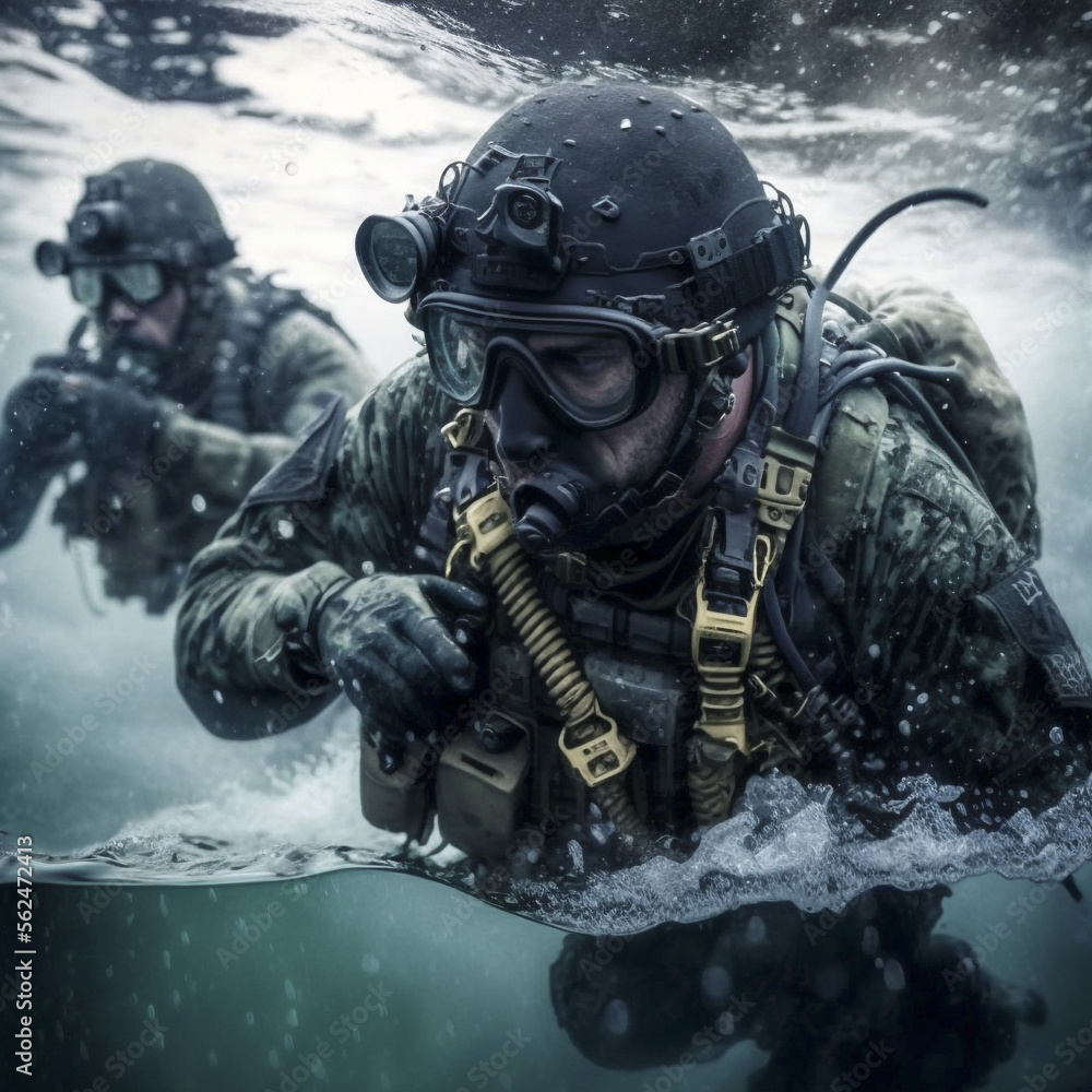 Special Forces Navy Seals Unit in Full Tactical Gear, Under water ,  Battlefield Illustration Stock Illustration