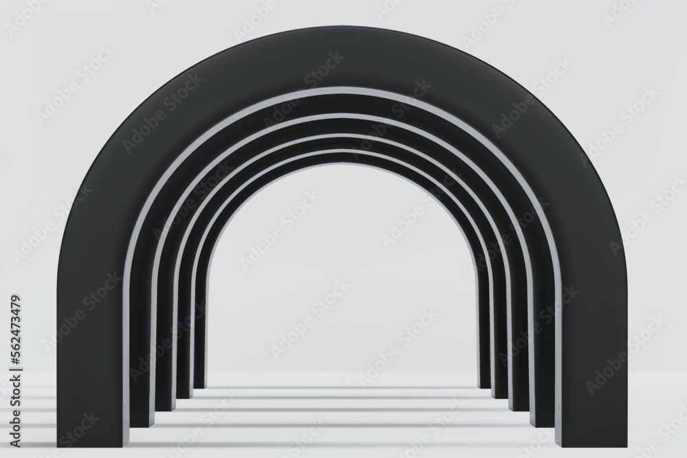 Empty corridor of several black round arches in perspective with white floor and shadows. Minimal background. Abstract architecture. Vector illustration of archway. Inside interior Empty corridor of several black round arches in perspective with white floor and shadows. Minimal background. Abstract architecture. Vector illustration of archway. Inside interior