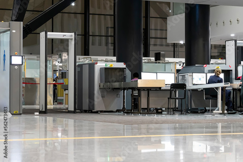 Airport security metal detector scan. Empty scanner control luggage at the terminal. Gate-ray detection with a belt for scanning bags. Check point. border control