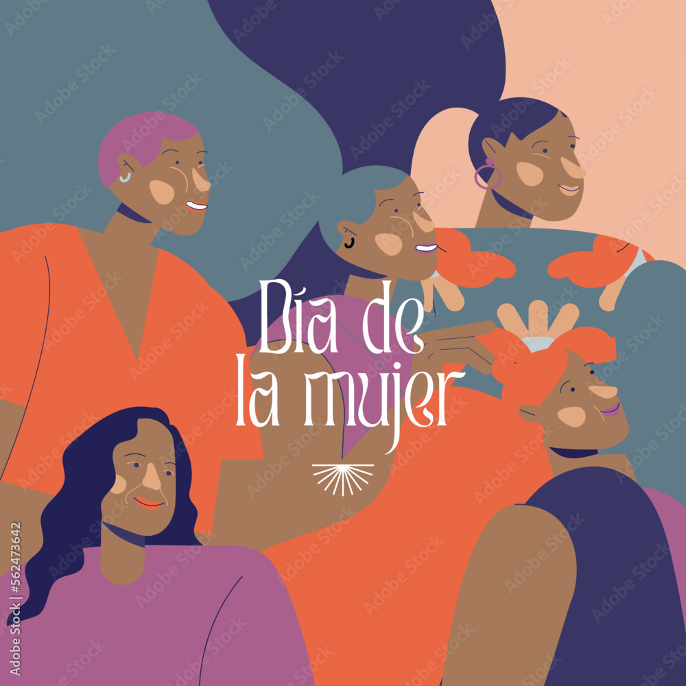 Ilustración vector grupo de mujeres multiétnicas latinoamericanas morenas. Concepto de igualdad de genero. 8 de marzo, día de la mujer. Poder femenino.