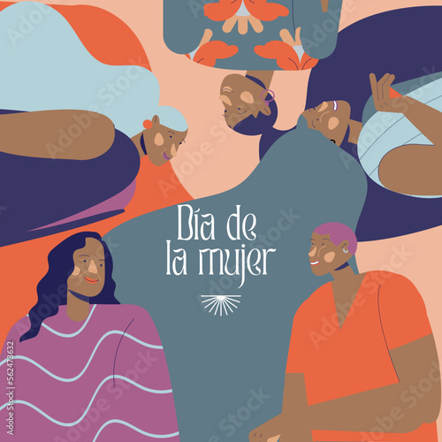 Ilustración vector grupo de mujeres multiétnicas latinoamericanas morenas. Concepto de igualdad de genero. 8 de marzo, día de la mujer. Poder femenino.