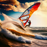 Man doing wind surfing water sport, riding sea waves. Generative AI.