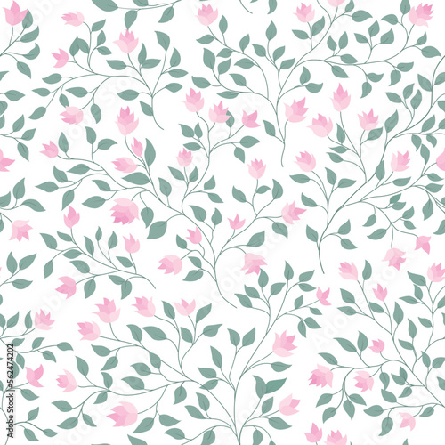 Seamless fresh floral pattern with pretty pink flowers and tropic leaves on a white background. Vector elegant template for fashion prints. Modern floral background. - Vector illustration.
