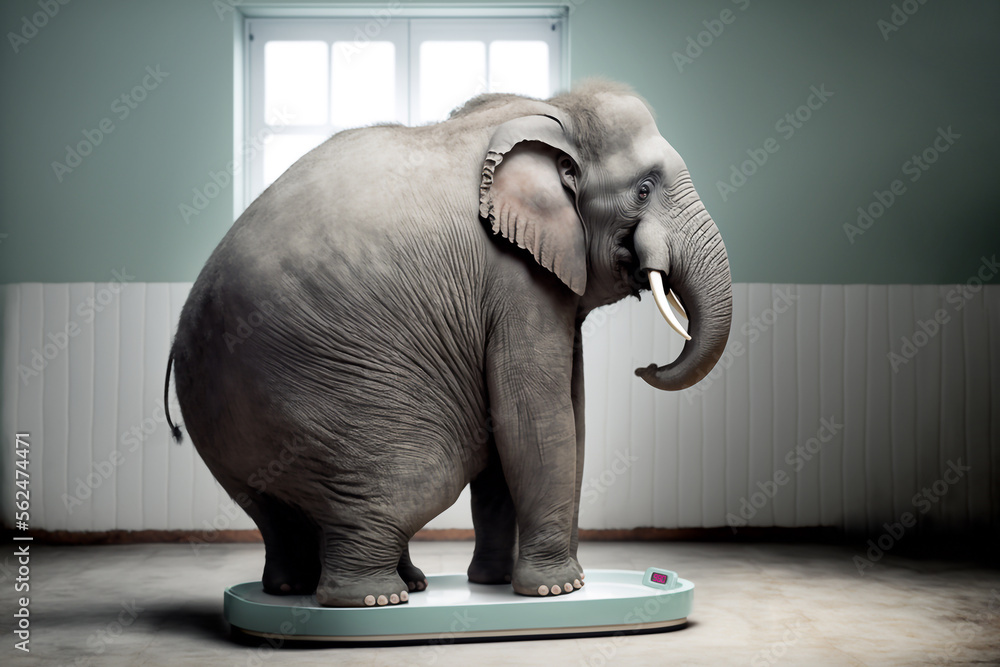 Elephant weighs himself on the scales - AI generative technology