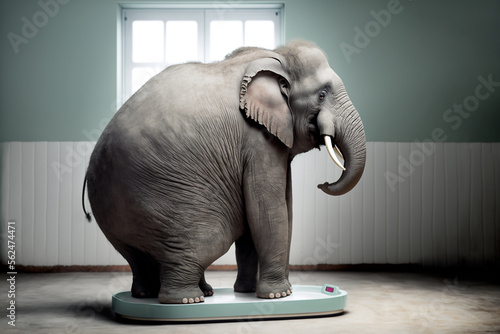 Elephant weighs himself on the scales - AI generative technology