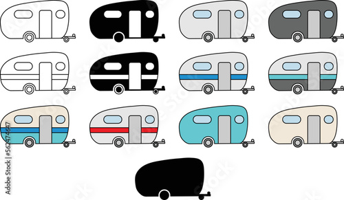 Camping Van Trailer Clipart Set - Outline, Silhouette & Color