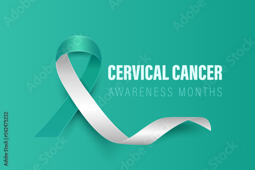 Cervical Cancer Banner, Card, Placard with Vector 3d Realistic Teal and White Ribbon on Teal Background. Cervical Cancer Awareness Month Symbol Closeup. World Cervical Cancer Day Concept