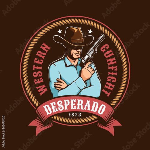 Cowboy with gun - wild west badge. Western retro logo with cowboy. Vector illustration